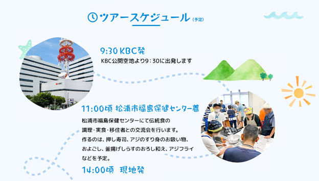 ツアースケジュール(予定)9時30分KBC発 KBC公開空地より9時30分に出発します。11時00分頃松浦市福島保健センター着 松浦市福島保健センターにて伝統食の調理・実食・移住者との交流会を行います。作るのは押し寿司、アジのすり身のお吸い物、およごし、釜揚げしらすのおろし和え、アジフライなどを予定。14時頃現地発