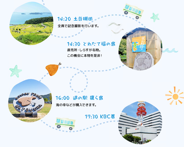 14時20分土谷棚田 全員で記念撮影を行います。14時30分 とれたて福の島 直売所・しらすが名物。この機会に本物を是非!16時00分道の駅鷹ら島海の幸などが購入できます。17時30分KBC着