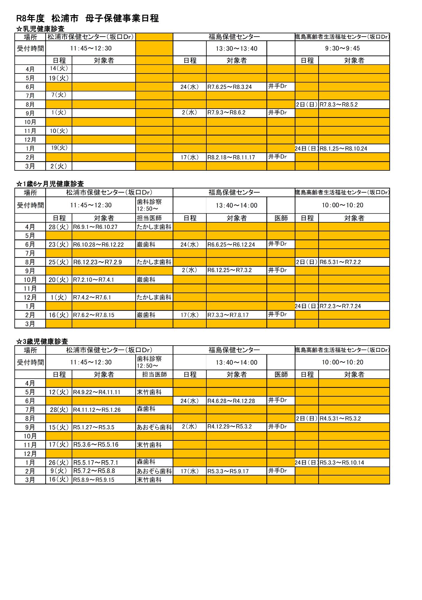 母子保健事業 健康診査日程