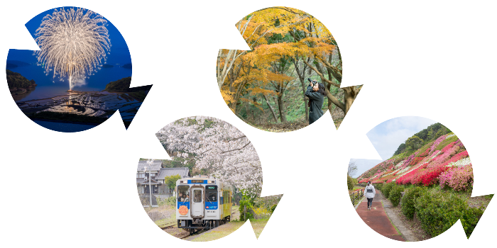 左より、福島町土谷棚田での花火、今福駅の櫻、秋の紅葉、不老山公園のツツジ